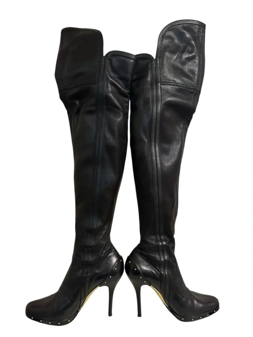 GUCCI TOM FORD FW 2003 Black Nappa Leather Studded OTK Thigh High Boots 37.5